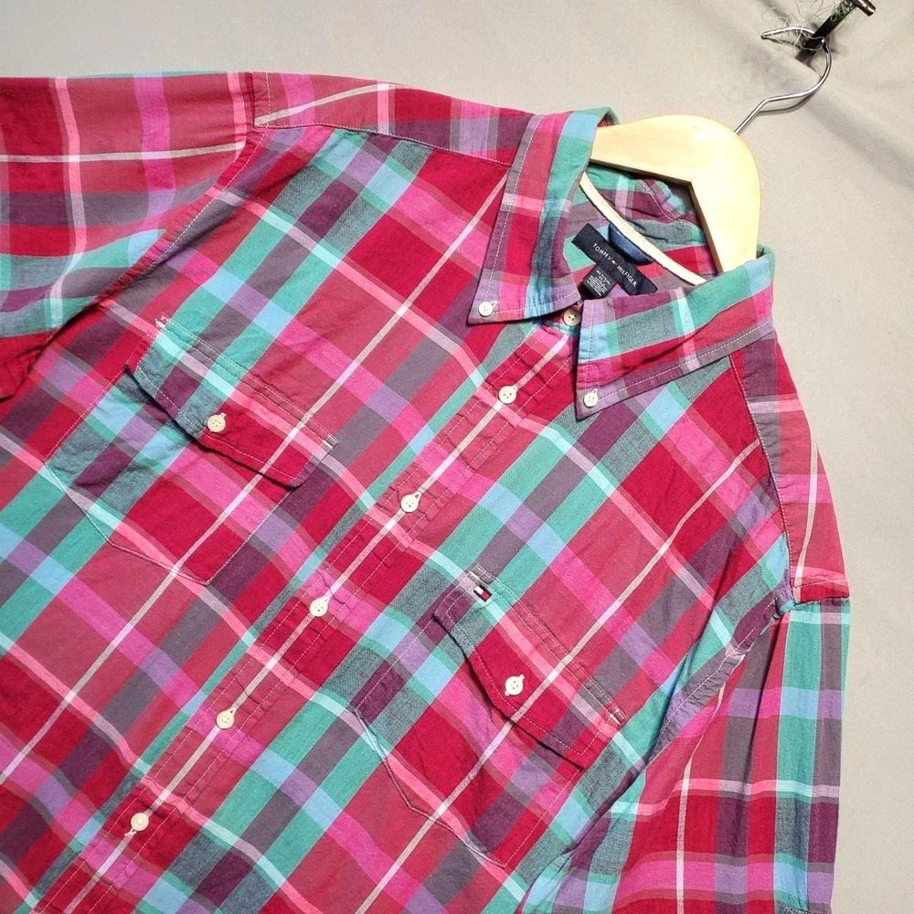 Tommy Hilfiger Plaid Field Shirt Men XLT Pink Teal Short Sleeve Button Down Y2K